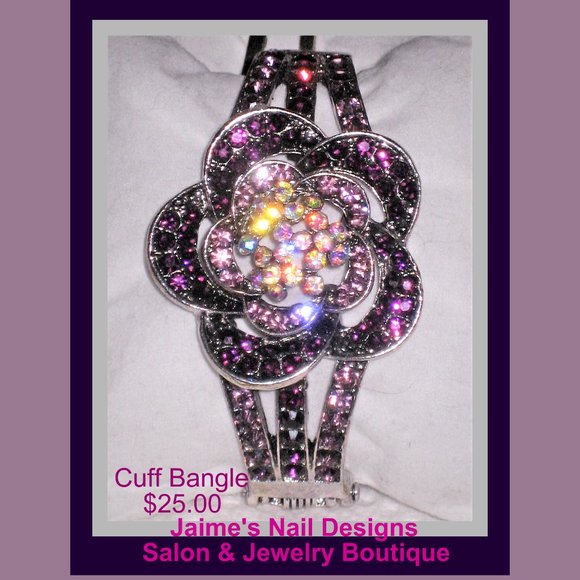 Purple Diamante Crystal Flower Cuff Bangle - Picture 2 of 13